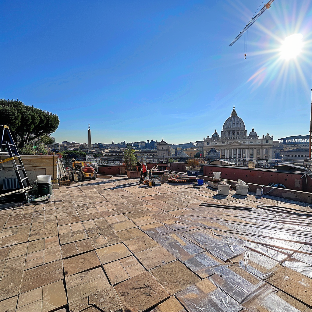 Ristrutturazione terrazzo a Roma con sostituzione di tutti i bocchettoni di scarico _ Opera Lattoneria